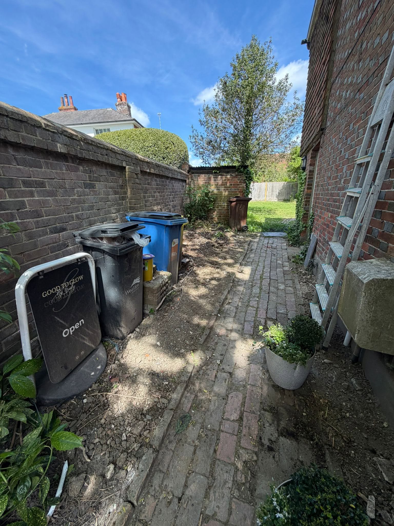 The same rear access after clearance, bins tidied and pathway clear
